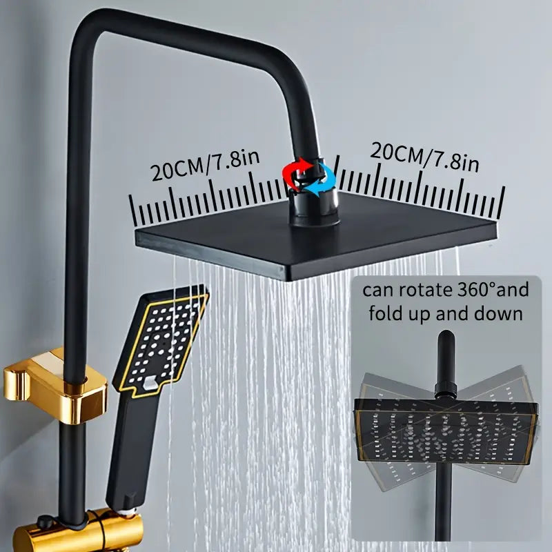 MHome Black & Gold Modern Shower System – 20.3 cm Rain Showerhead, Handheld & Tub Faucet