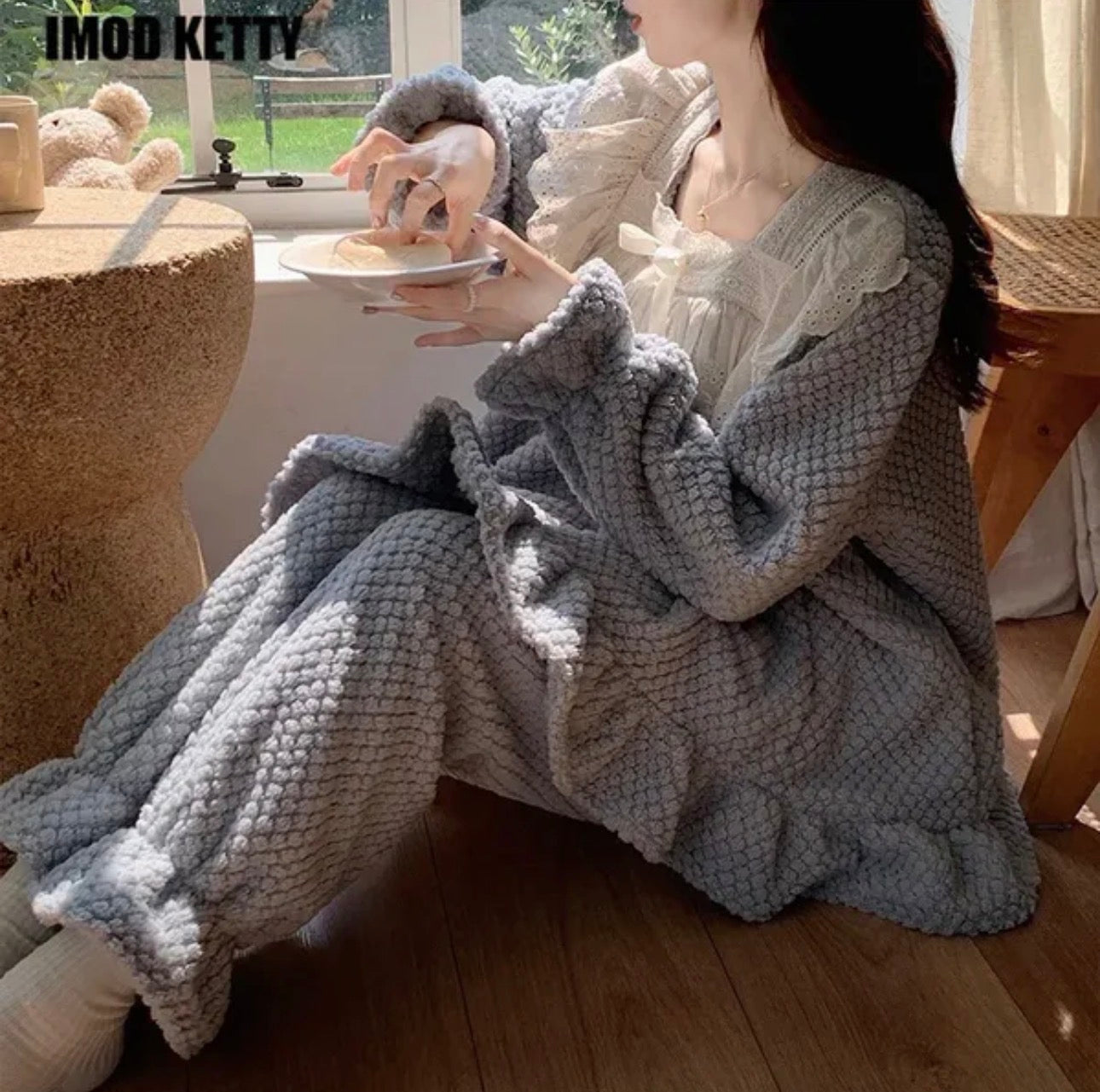 Ladies Coral Fleece Pyjamas  Autumn/Winter Thick Padded Warm Sweet Lace Suit Winter-Various Colours