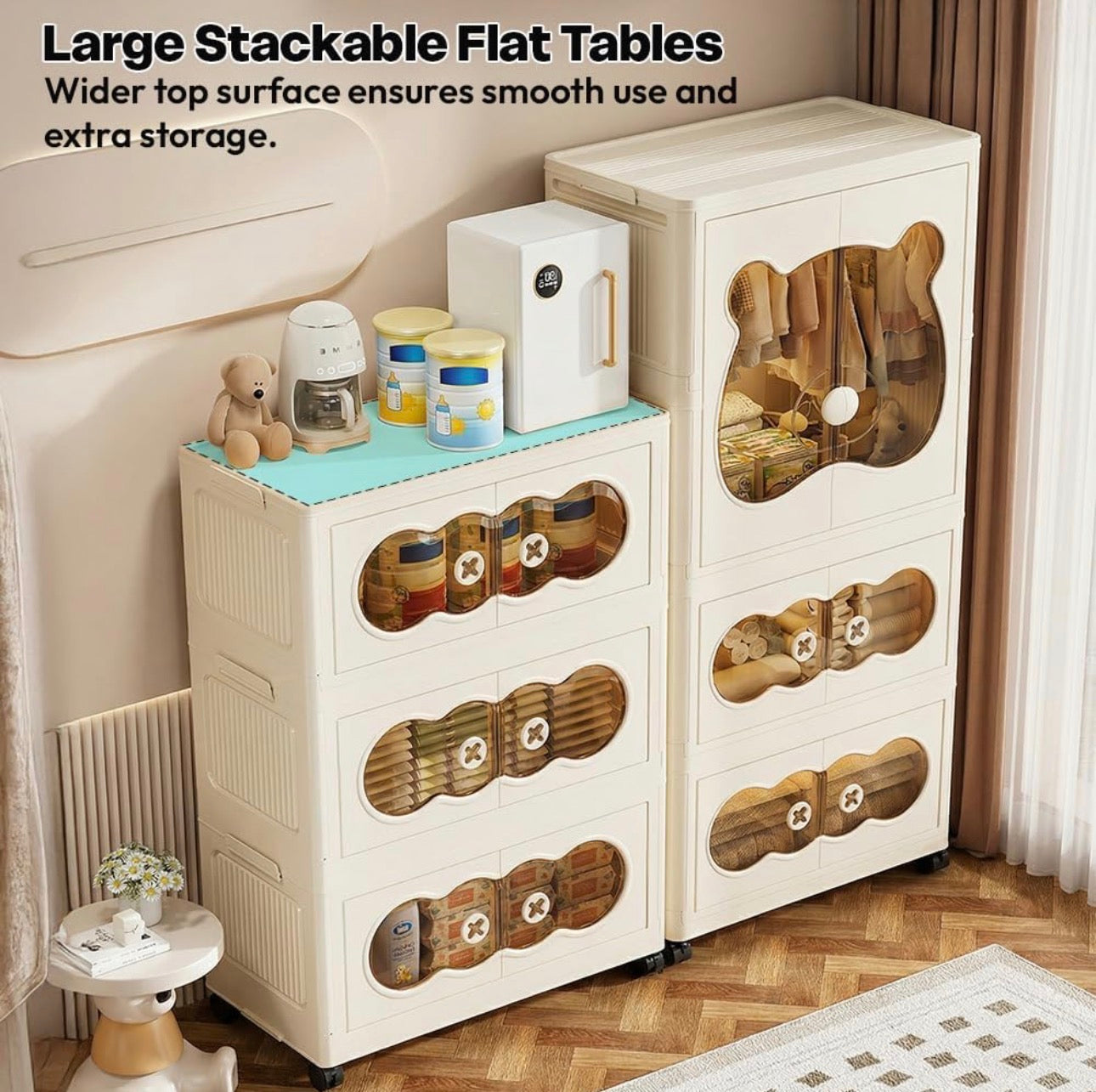 MHome  Kids Bear Wardrobe/Multifunctional Collapsible Plastic Wardrobe for Kids- Storage Cabinet – Dustproof Organizer for Baby Clothes, Toys & Books with Wheels & Hangers- Beige/Various Sizes