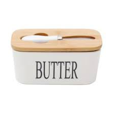MHome Ceramic Butter Dish With Bamboo Wooden Lid & Butter Knife-Various Colours