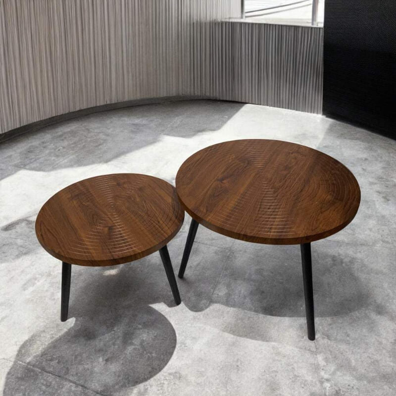 MFurn 2pc Nesting Side Tables – Round Wood Top with Sturdy Metal Frame