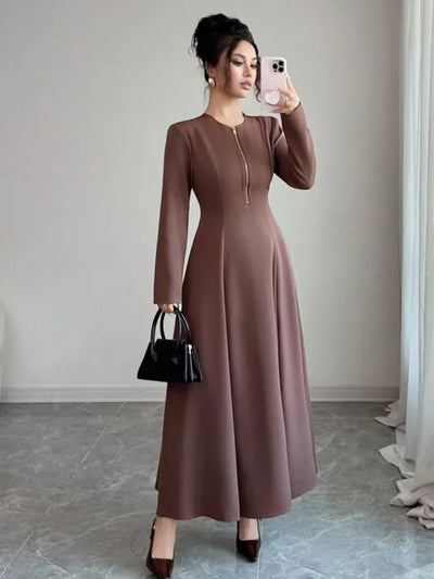Ladies Elegant Modest A-Line Front Zipper Maxi Dress-Various Colours