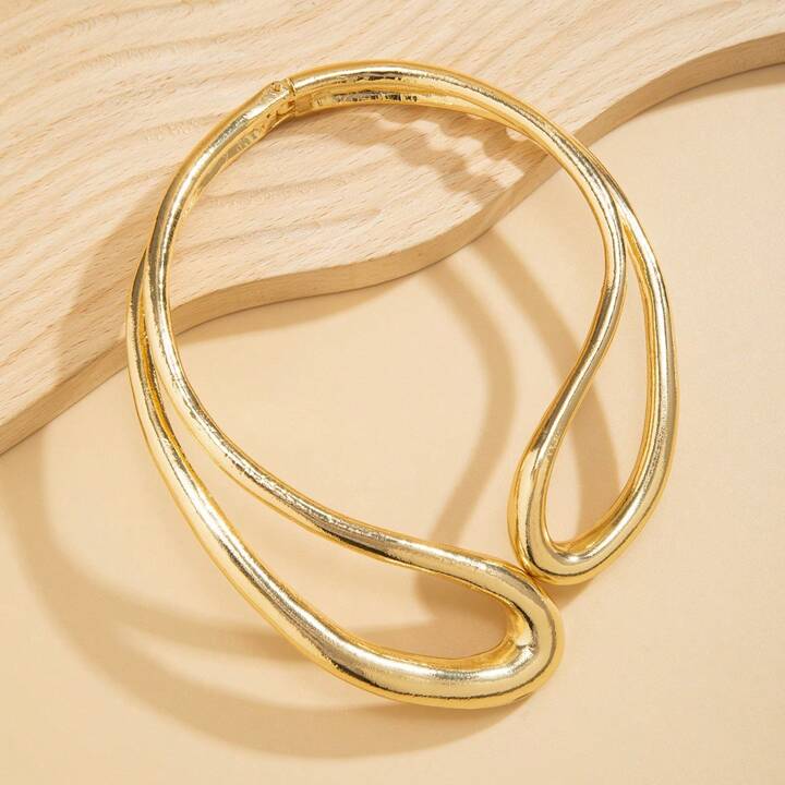 Exaggerated Glossy Round Metal Collar With Irregular Hollow Out Design, Fashionable Simple Spring Necklace For Ladies, Perfect For Vacation Or Party