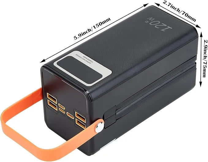 MTech 120W 60000mAh  Power Bank with Built-in Cables | LED Camping Light | 4 USB + Type-C + Lightning + Micro | Black & White