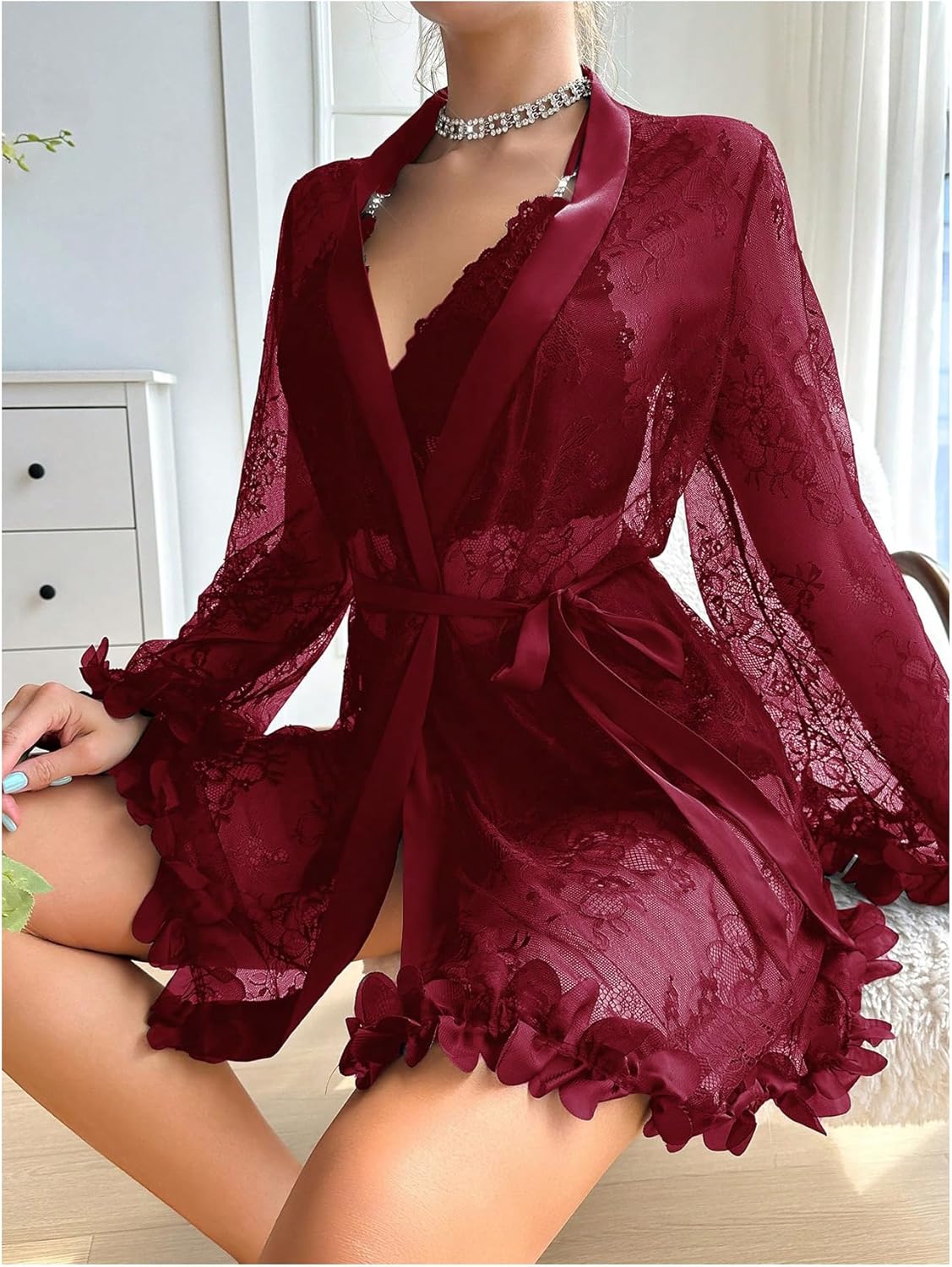 Womens Sexy Lingerie Robe Set - 3 Piece Women's Lingerie Lace Floral Robe with Bra and Panty Set Babydoll Sheer Nightgown-Various Colours