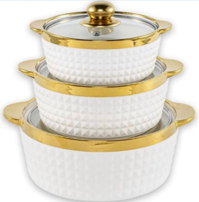 MHome 3Piece Porcelain and Ceramic Serveware Set, with Lids. Glossy Finish, for Elegant Serving.