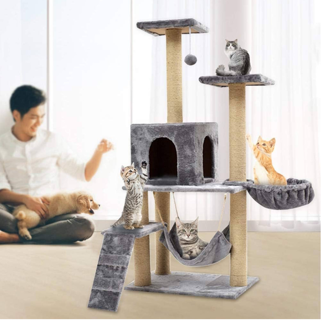 140cm Cat Tree Tower – Climbing Frame, Hammock, Condo & Scratch Toy