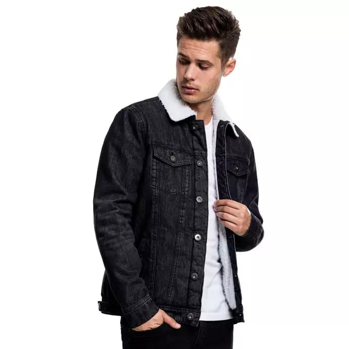 Casual Classic Denim Fleece Lined Jacket for Men ( Blue )