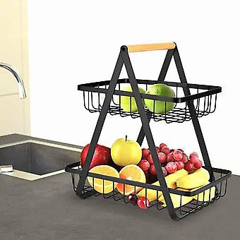 Metal Fruit Basket Portable Kitchen Storage Table Shelf Suitable For Fruits And Vegetables Home Cosmetics,2 Layer Black