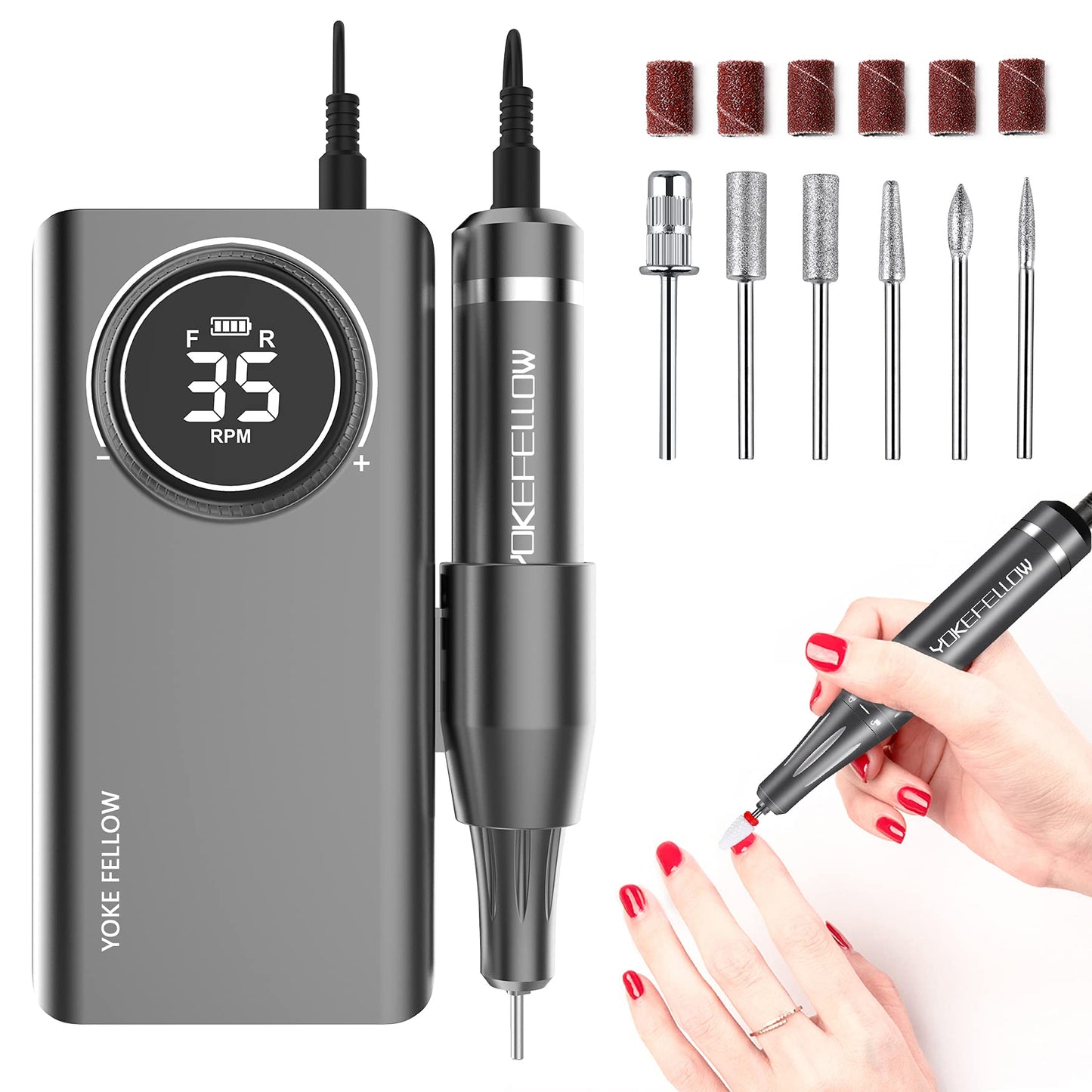 Professional Rechargeable 35000 RPM Nail Drill, Electric Nail Drills Machine for Acrylic Nail Natural Extension Poly Nail Gel, with 6 bits Portable Manicure Pedicure Drill Machine, Grey