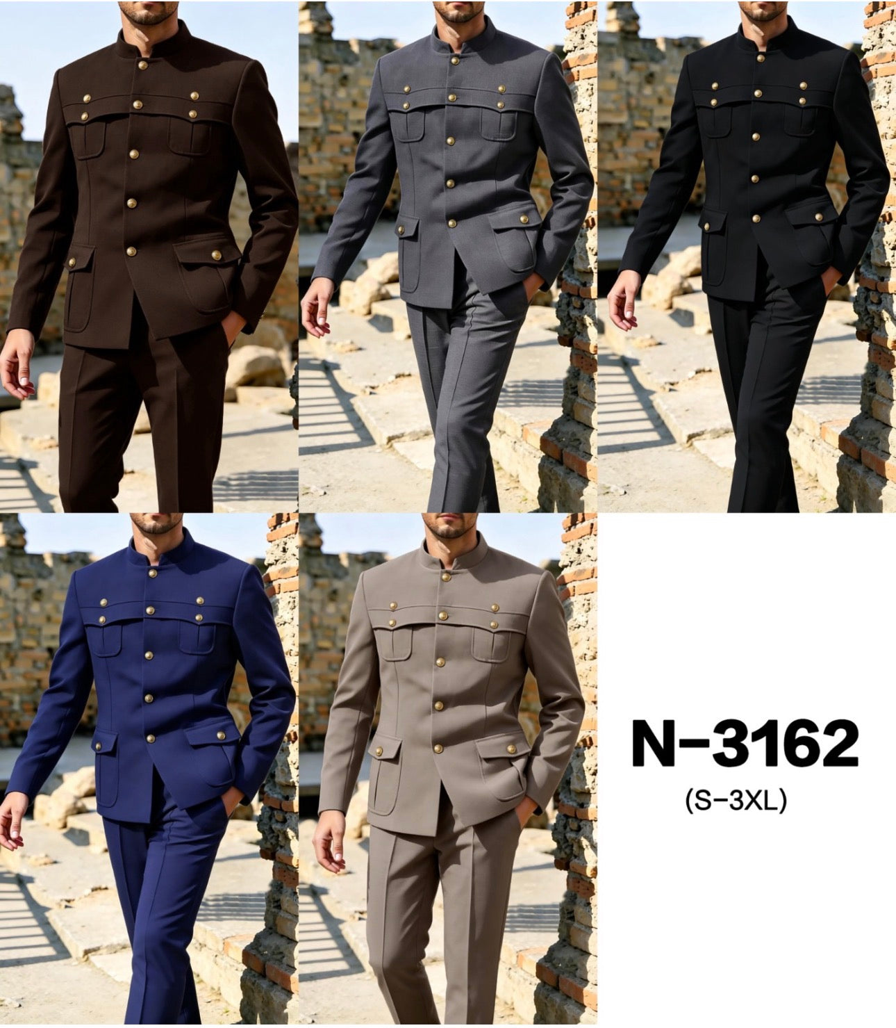 Men’s Military Inspired Mandarin Collar Safari Suit -Various Colours