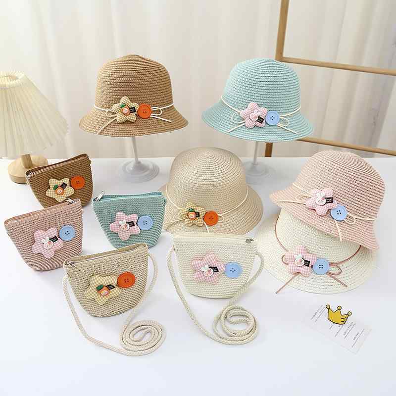 Straw Hat Bag Set Children's Sun Hat Cute Summer Beach Hat + Straw Bag for Girls Travel Hat with Flower Decoration for Holiday Travel Outdoor