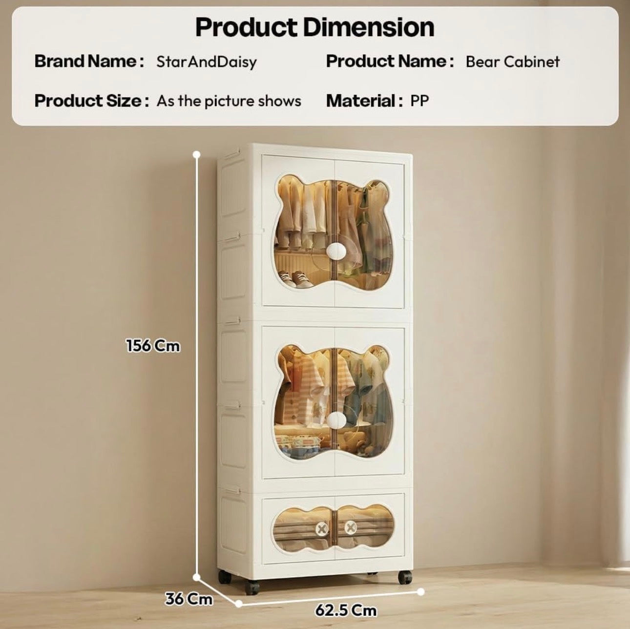 MHome  Kids Bear Wardrobe/Multifunctional Collapsible Plastic Wardrobe for Kids- Storage Cabinet – Dustproof Organizer for Baby Clothes, Toys & Books with Wheels & Hangers- Beige/Various Sizes