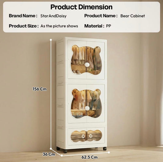 MHome  Kids Bear Wardrobe/Multifunctional Collapsible Plastic Wardrobe for Kids- Storage Cabinet – Dustproof Organizer for Baby Clothes, Toys & Books with Wheels & Hangers- Beige/Various Sizes