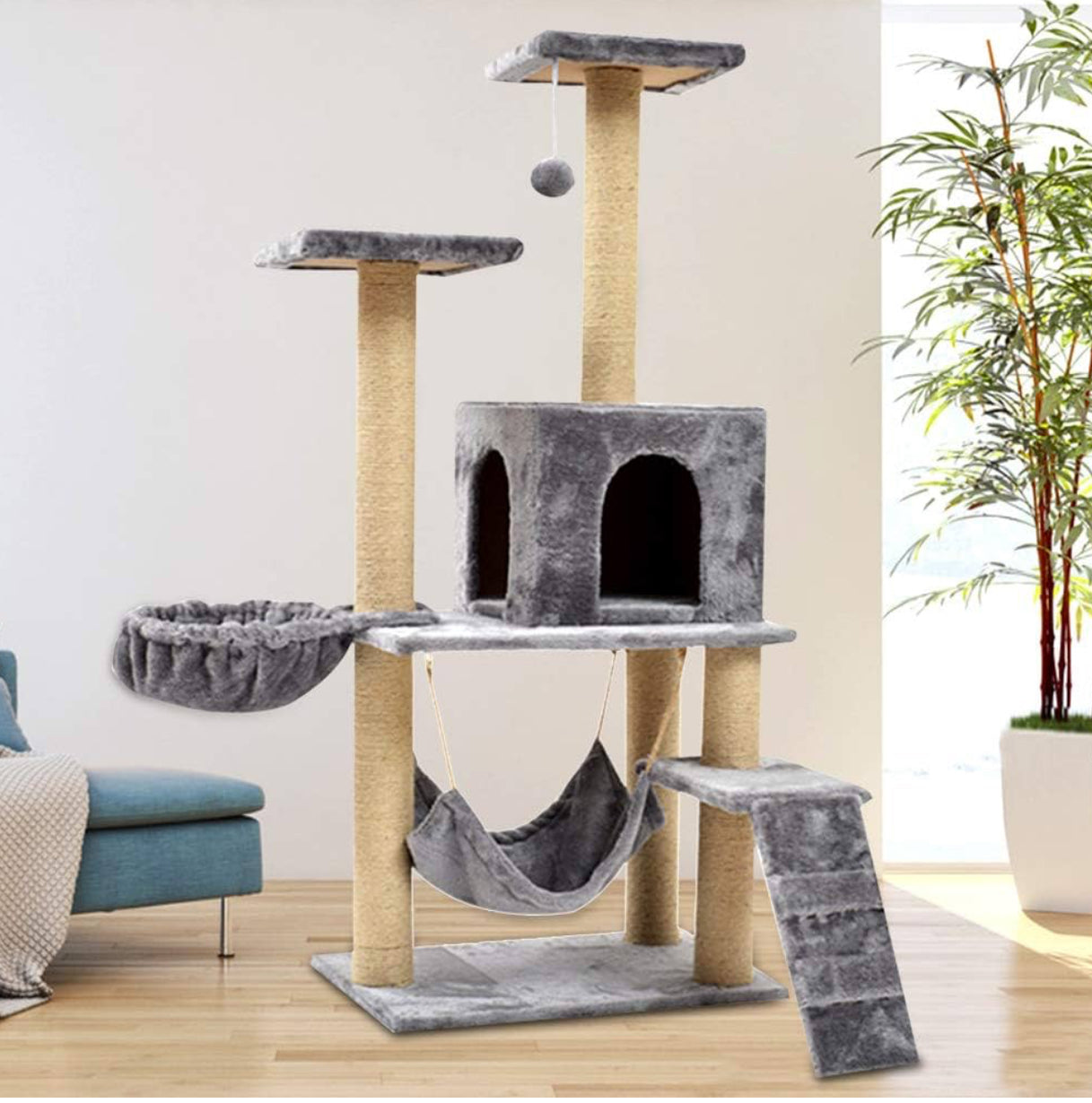 140cm Cat Tree Tower – Climbing Frame, Hammock, Condo & Scratch Toy