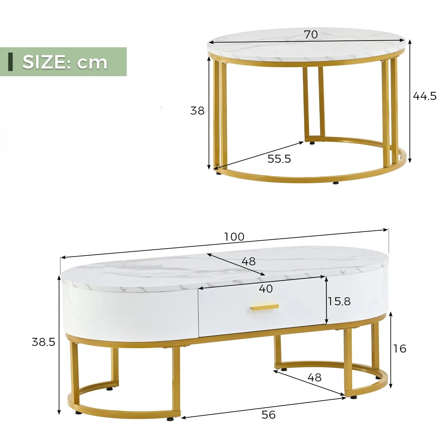 MFURN Set of 2 Nesting Modern Coffee Tables – Gold Metal Frame & Spacious Marble-Effect Surface
