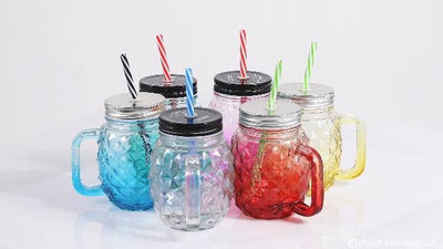 MHome Pineapple Mason Jars Sturdy Juice Glassware Gradient Glass 6pc set with Leak-Proof Lid and Straw Spill Proof Beverage Mugs Suitable for School and Work