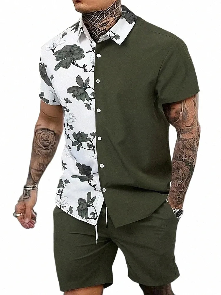 GORGLITTER Men's 2 Piece Outfits Floral Colorblock Button Down Shirt and Drawstring Boho Beach Shorts Set