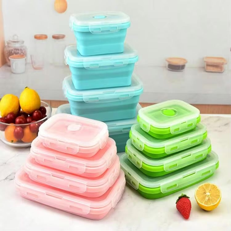 MHome 4pc Foldable Lunch Box, Silicone,With Sealed Lid And Ventilation Valve, Leak-Proof And Easy To Clean