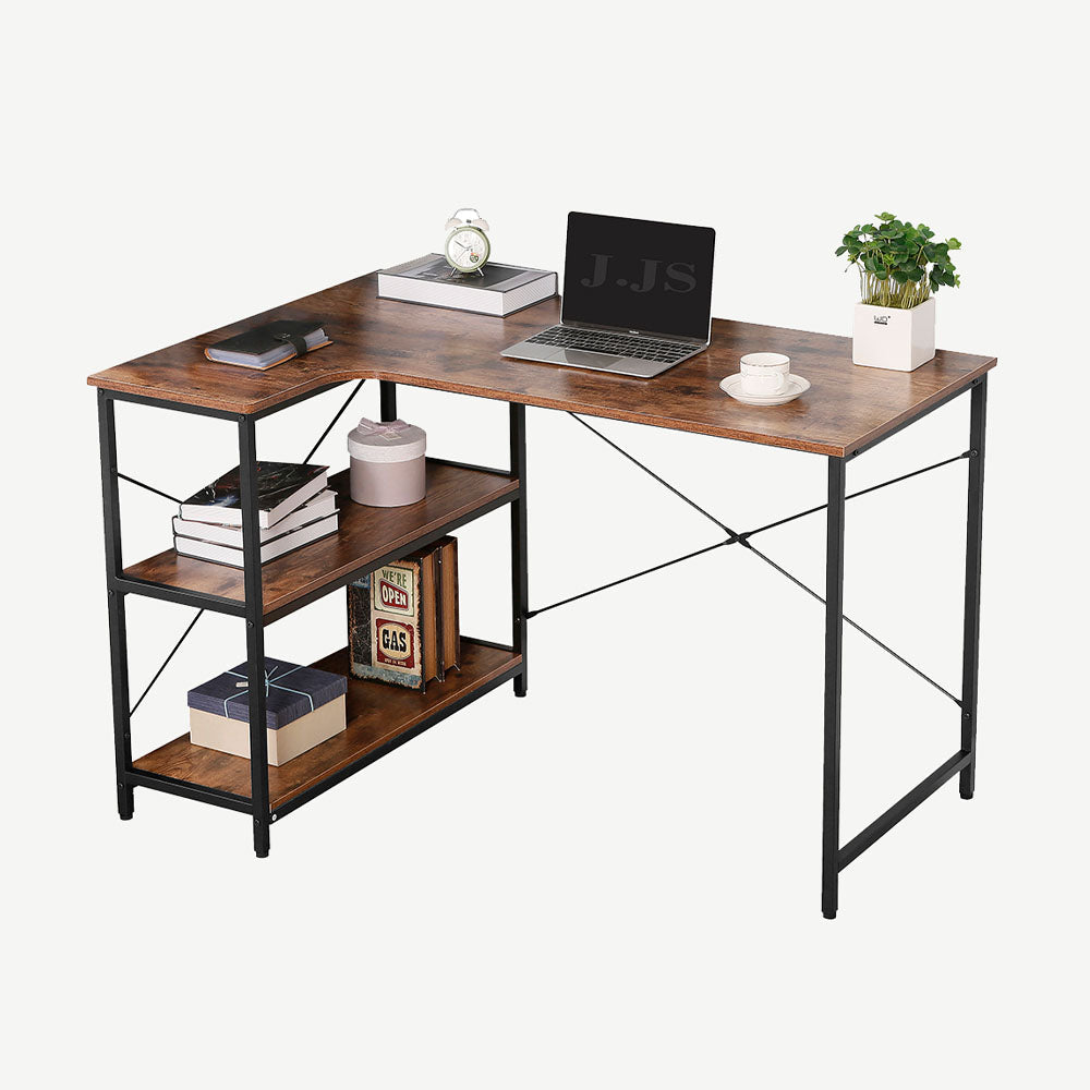 MFurn L-Shaped Computer Desk with Storage Shelves – Reversible Corner Workstation