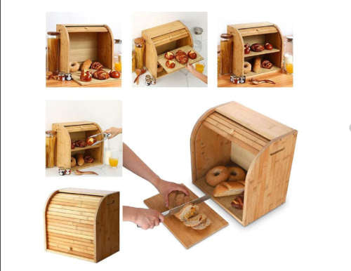 MHome Two-Layer Bamboo Bread Box – Adjustable Roll-Top Bread Storage Organizer