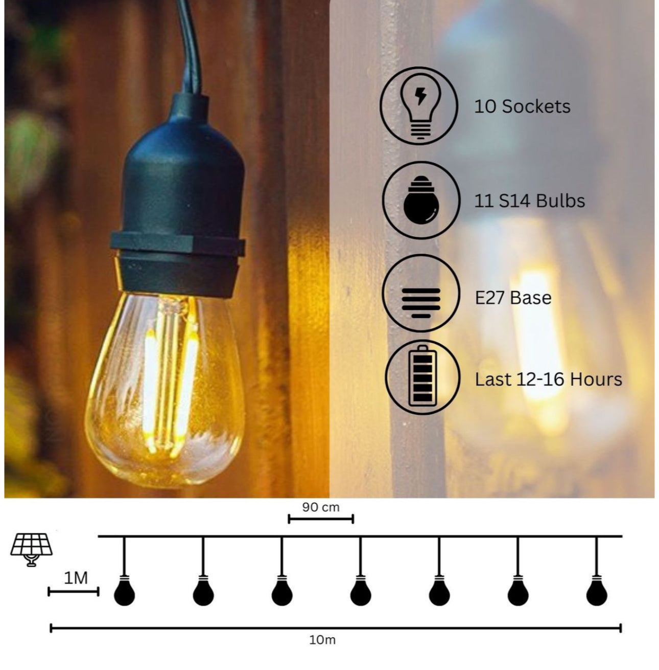 MTech Lighting 10 LED Festoon Vintage Bulb String Lights - 5m Solar Panel