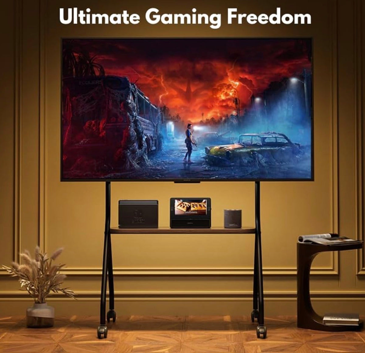 MTech Mobile TV Stand with Game Console Mount, Black, Carbon Steel & Wood, Fits 49-75 inch TVs, 360° Wheels, Height Adjustable