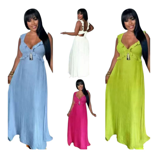 Ladies Pleated Sleeveless Maxi Dress-Various Colours