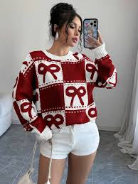 Ladies Coquette-Aesthetic Checkered Bow Knit Sweater-Various Colours
