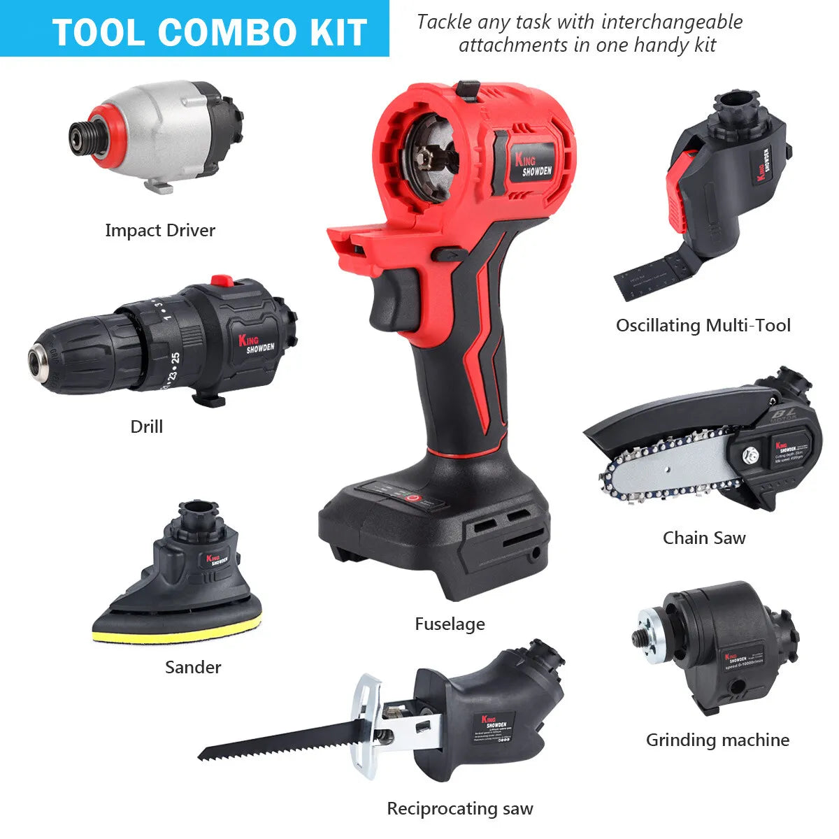 7 in 1 Cordless Power Tool Multi Head Driver Gun Brushless Drill Chain ...