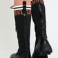 Ladies Black Pu Faux Leather Contrast  Detailing Knee High Boots