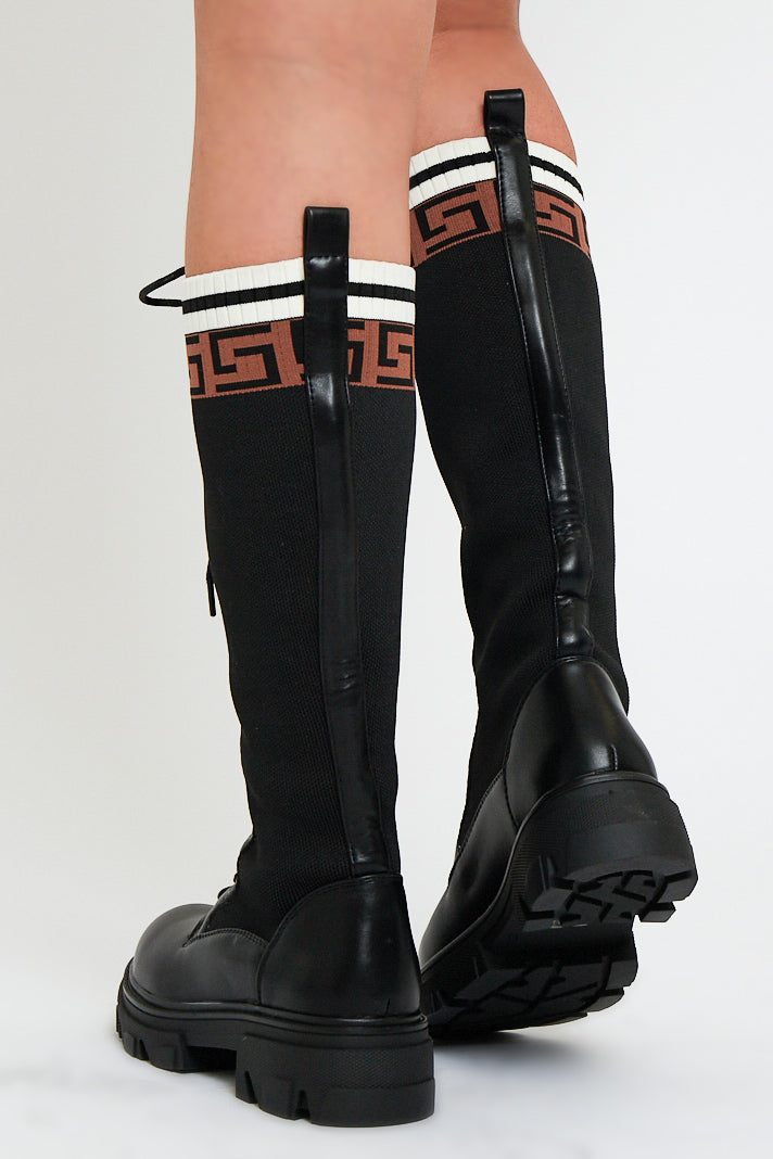 Ladies Black Pu Faux Leather Contrast  Detailing Knee High Boots
