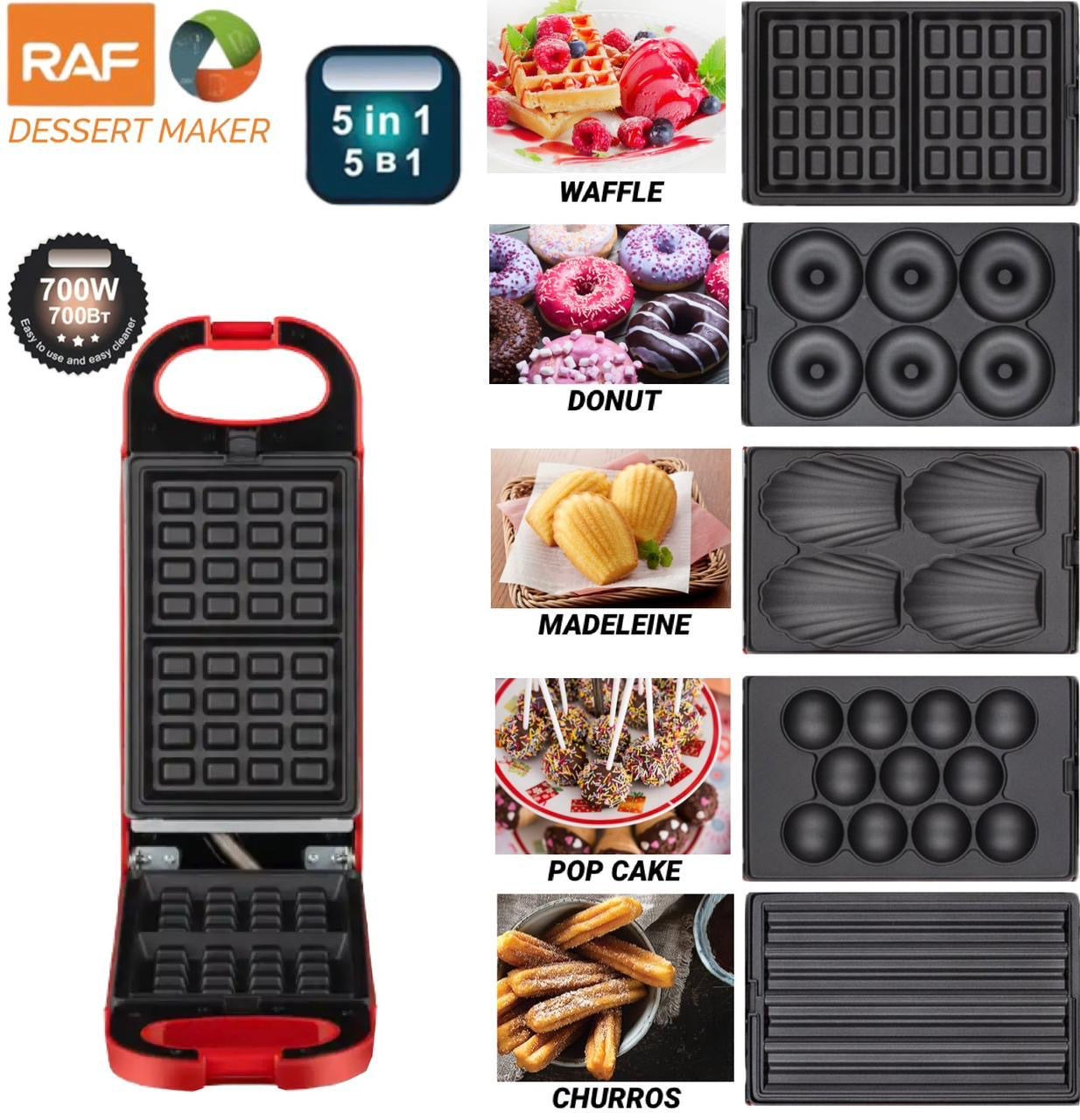RAF 5-in-1 Waffle, Doughnut & Churros Maker – 700W