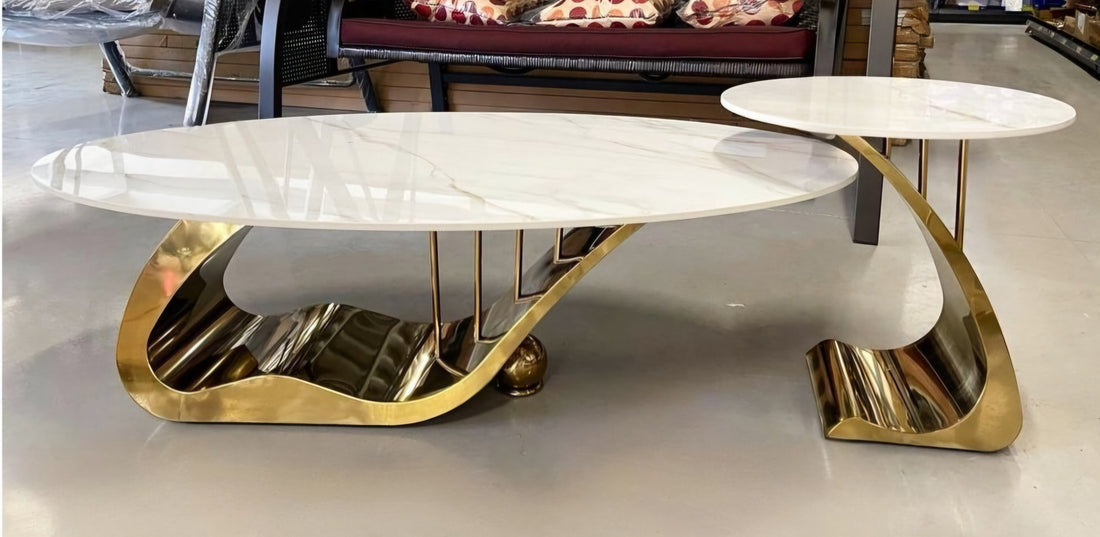 M-Furn Nordic Style Coffee Table Set 2pc Marble Top/Gold Trim
