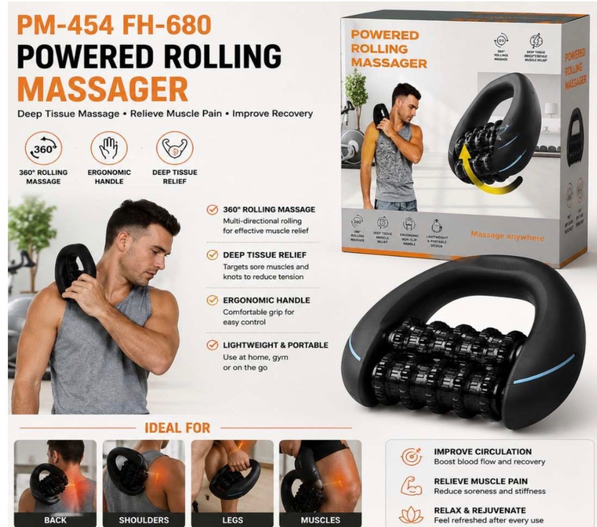 MSportz Electric Handheld Rolling Massager,Electric Rolling Percussion Massager,Marvixor Cellulite Roller,Ergonomic Multiple Handles, 3 Strength Levels, and 24 Massage Buttons