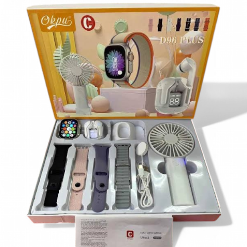 Smartwatch, Handy Fan and Earbuds Combo Set. Bluetooth Calling Smart Watch with 4 Straps, Best Quality Hand Fan and Earbuds Gift Set D96 Plus-Various Colours