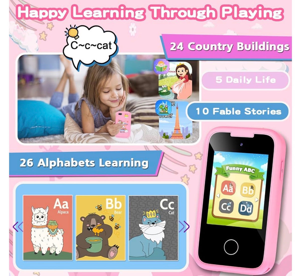 MTech
Kids Phone for Girls Toys, Gifts for 3-12 Year Old Girls Boys Christmas Birthday Kids Toys, Touchscreen Toddler Learning Cell Toy Phone with Dual Camera, Game, Music Player, 8GB Card
