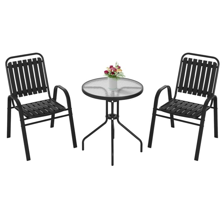 MFurn Dwight 3-Piece Outdoor Bistro Patio Set – Metal & Glass Table with 2 Chairs (Black)
