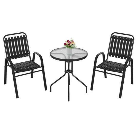 MFurn Dwight 3-Piece Outdoor Bistro Patio Set – Metal & Glass Table with 2 Chairs (Black)