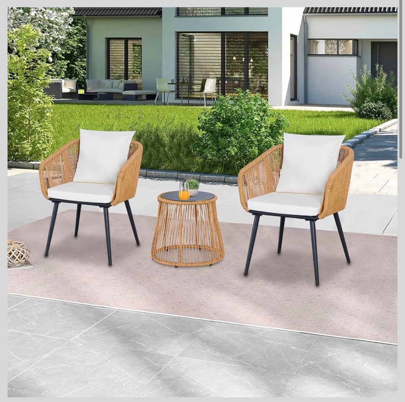 MFURN Caleb 3Piece Patio Bistro Set, Wicker Outdoor Patio Set with Enhanced Comfort Seating, Round Glass Top Coffee Side Table, Patio Rattan Conversation Set for Balcony, Lawn, Garden, Backyard