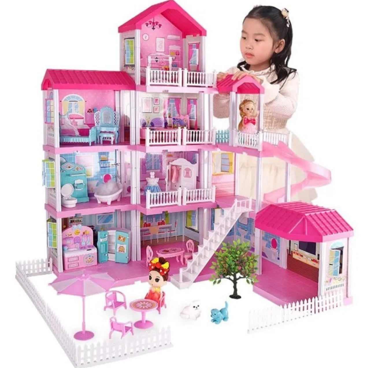 Princess Villa DIY Dollhouses Pink Castle Play With Slide Yard Kit Assembled Doll House Toy Birthday New Year Gift