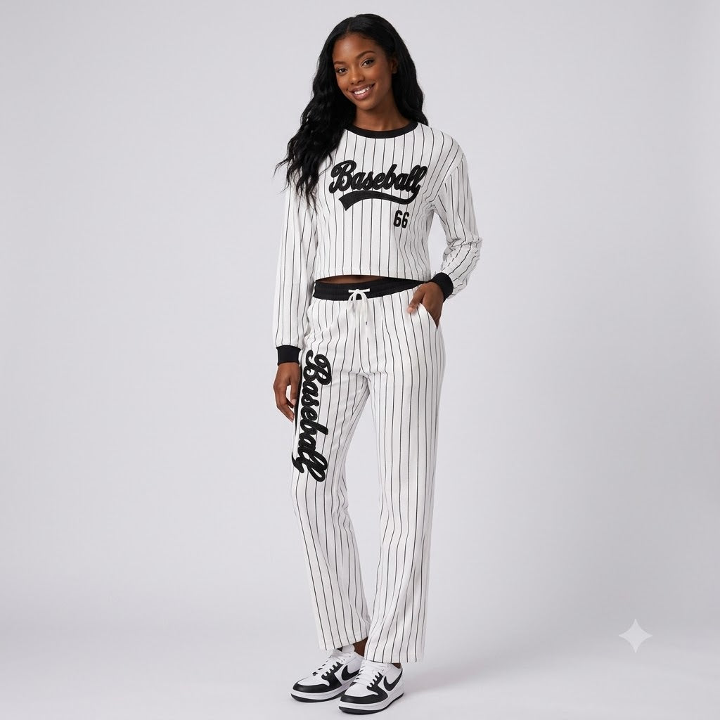 Women's Pinstripe Baseball Crop Top & Lounge Pants Set