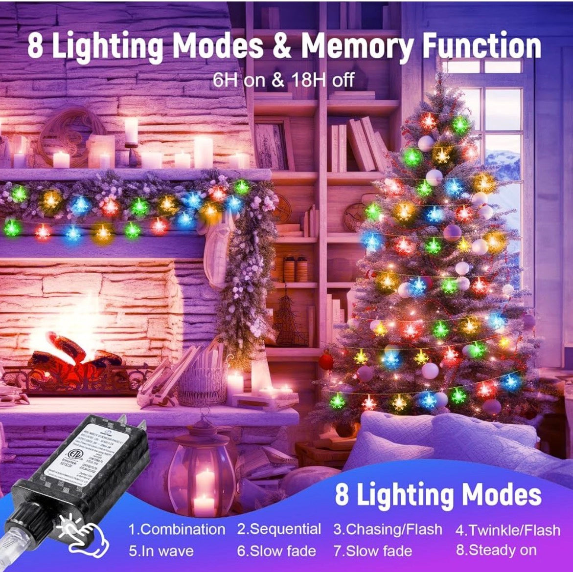 MHome LED Christmas Snowflake Curtain String Lights, 96 LED Plug in Fairy Lights 8 Modes with Timer, Waterproof Connectable for Indoor Outdoor Holiday Birthday Wedding Party Christmas Decor-4M