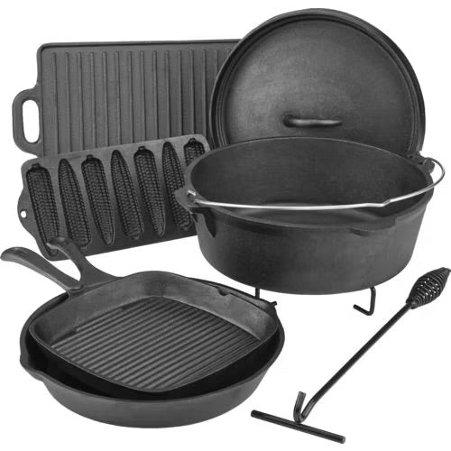 MHome 7 Piece Heavy Duty Cast Iron Dutch Oven Camping Cooking Set