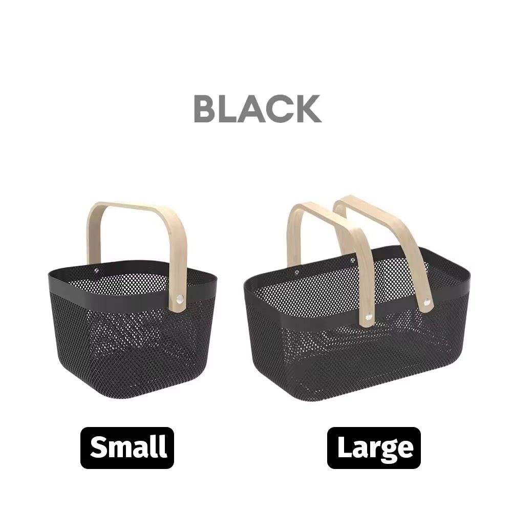 MHome Multifunction Mesh Basket with Wooden Handle Cosmetic Organizer Kitchen Fruit Vegetable Storage Basket-Various Colour 2pc Set