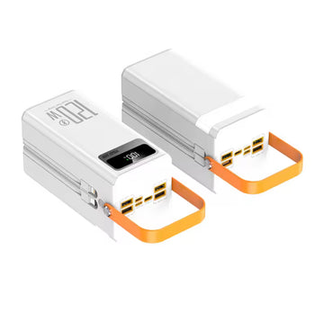 MTech 120W Power Bank with Built-in Cables | LED Camping Light | 4 USB + Type-C + Lightning + Micro | Black & White