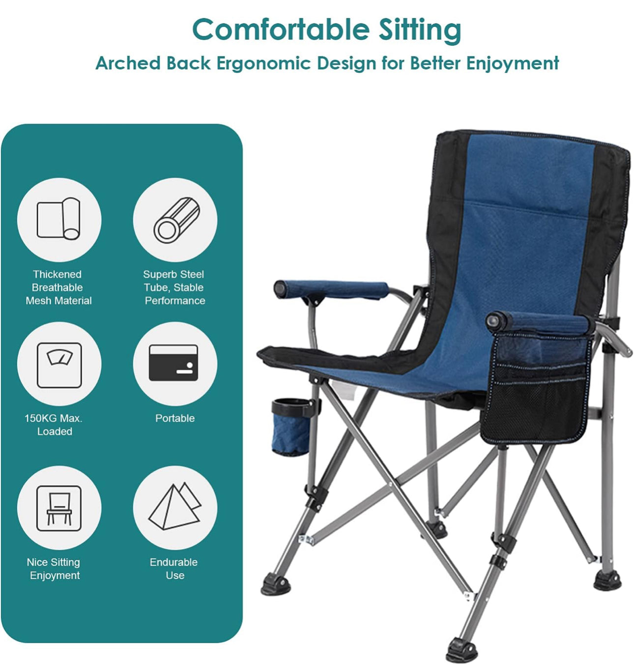 Foldable Folding Chair with Pocket Carrying Storage Bag Cup Holder Packable Portable for Camping Fishing Outdoor Indoor Use