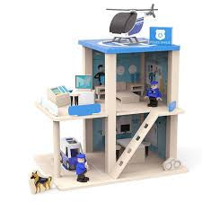 Kids Wooden Police Station Playset, RolePlay Dollhouse, 3-Level with Figures