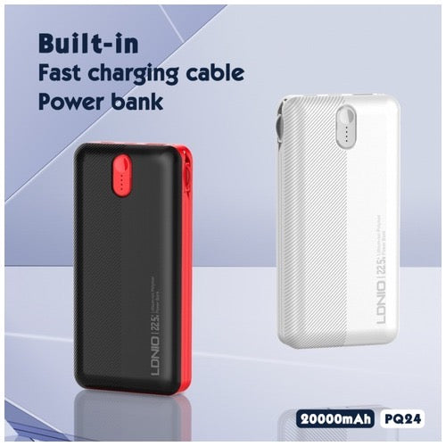 PL2014 Single USB Output Port 20000 mAh Capacity Power Bank with Build-in  Cable - WHITE