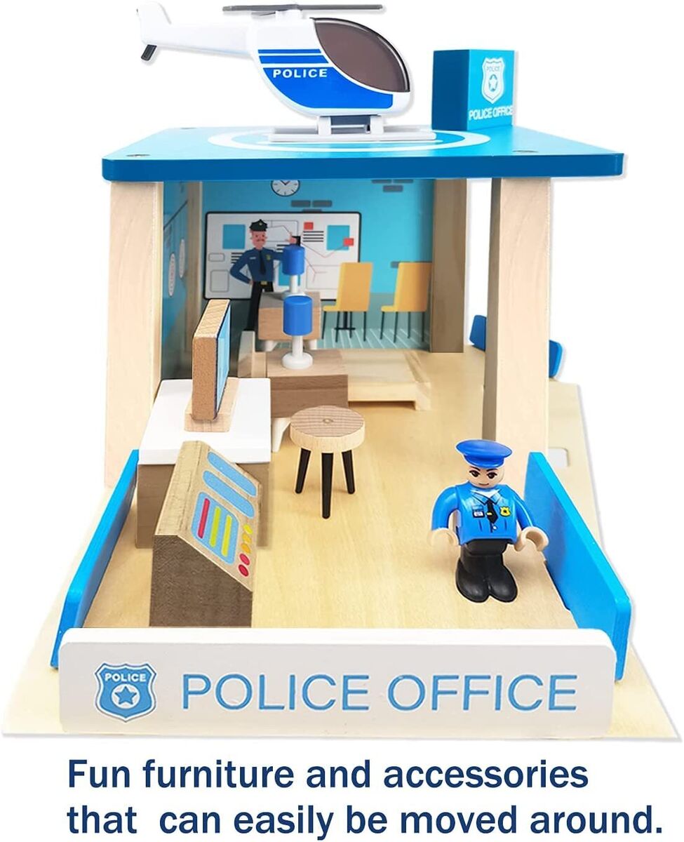 Kids Wooden Police Station Playset, RolePlay Dollhouse, 3-Level with Figures